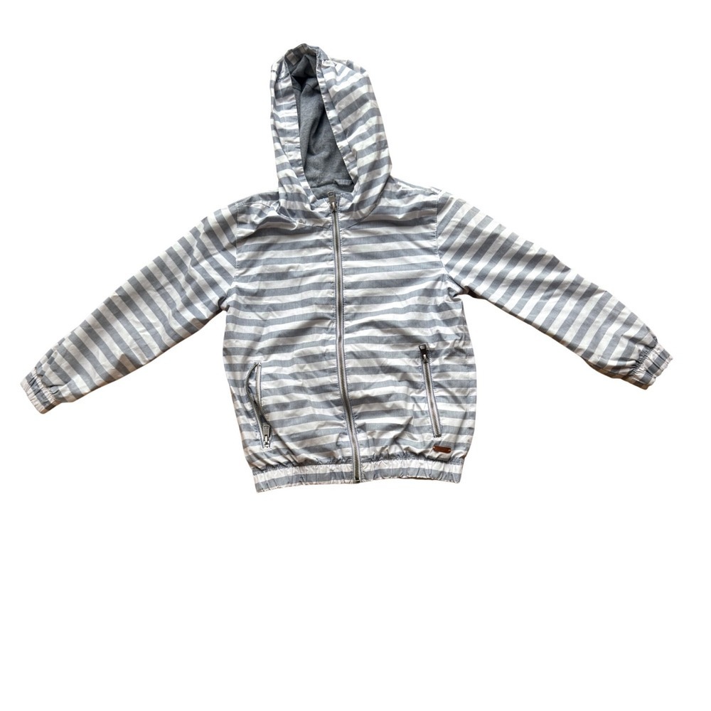 Zara Boys Grey White Striped Lightweight Hooded Zip Up Jacket Size 7 122cm